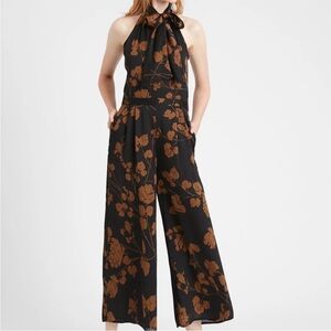 BANANA REPUBLIC Black & Tan Floral Tie Neck Wide Leg Romper/Jumpsuit